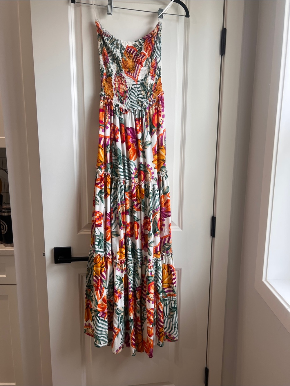 Smocked Floral Maxi Dress in White with Orange & Pink Print